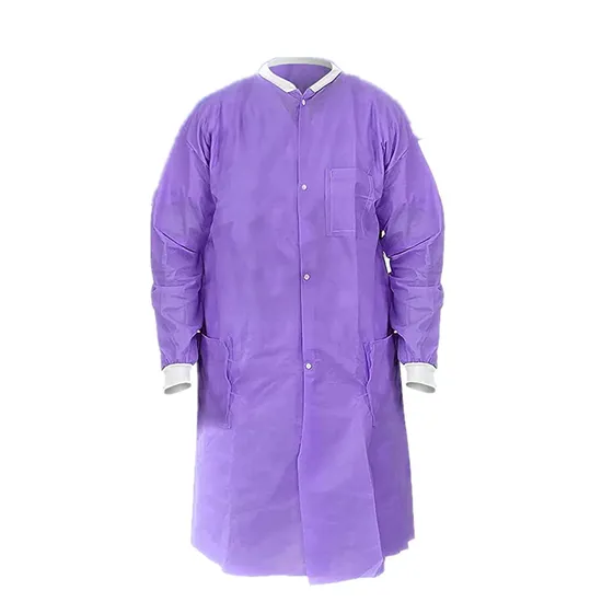 Disposable Visitor Uniform Nonwoven PP SMS Lab Coat Jacket Knit Collar and Knitted Cuff with Snap Button 2pocket 